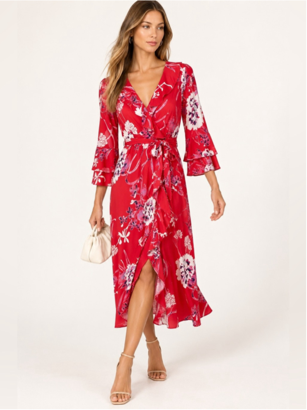 Hale Bob Red Floral Wrap Midi Dress Size Large